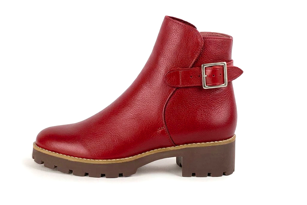 Sophisticated leather ankle boots detailed with an elegant back buckle and heel-strap finish for a distinct couture look, in cherry red leather with round toe and chunky rubber lug sole - Florence KOOIJMAN
